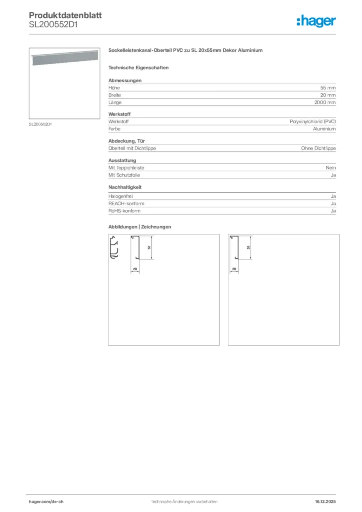 Bild Hager Produktdatenblatt SL200552D1 | Hager Schweiz