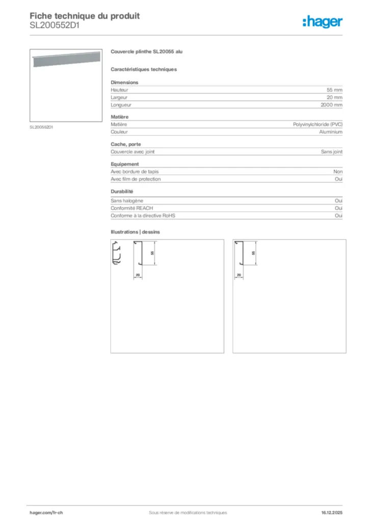 Image Hager Fiche technique du produit SL200552D1 | Hager Suisse