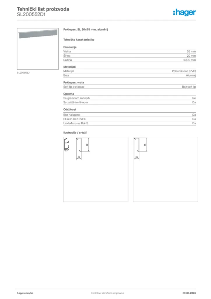 Slika Hager Tehnički list proizvoda SL200552D1  | Hager