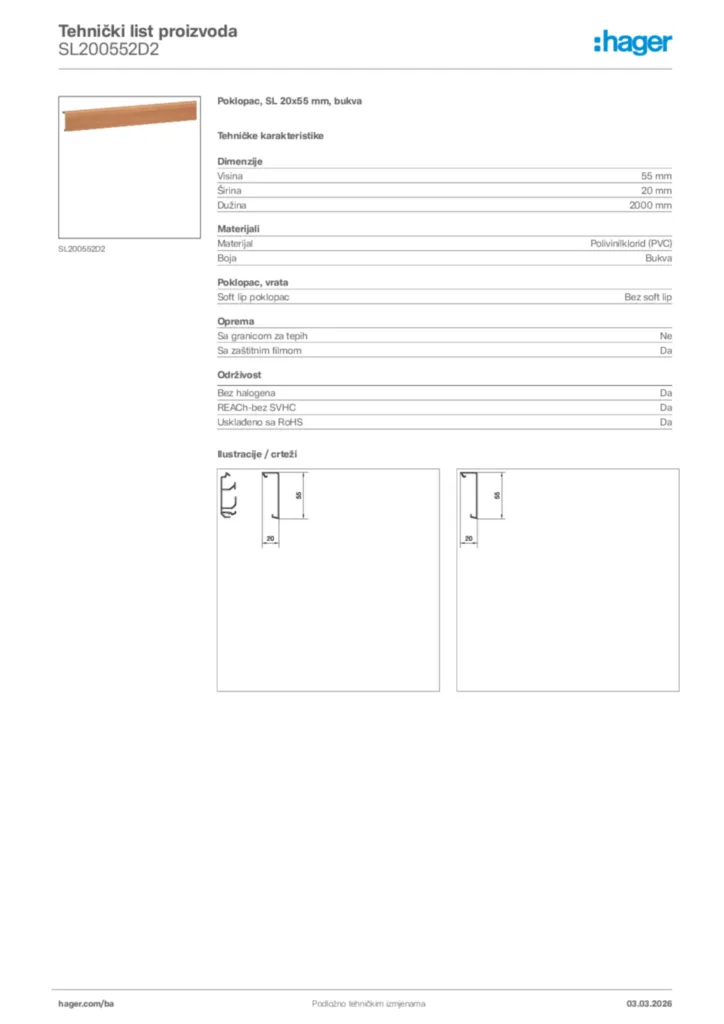 Slika Hager Tehnički list proizvoda SL200552D2  | Hager