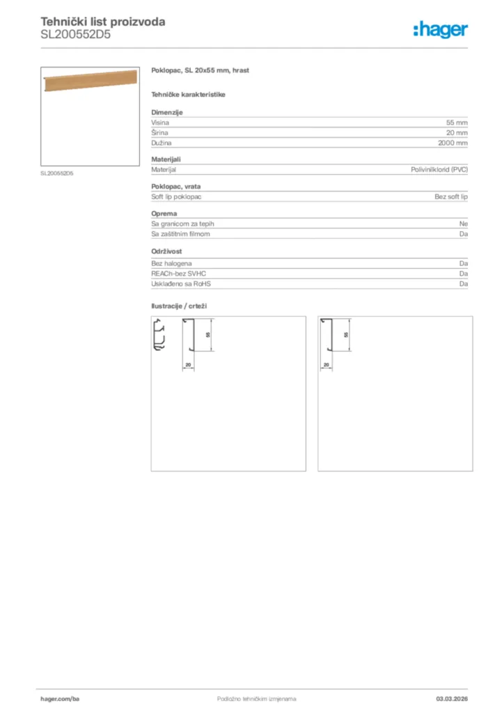 Slika Hager Tehnički list proizvoda SL200552D5  | Hager