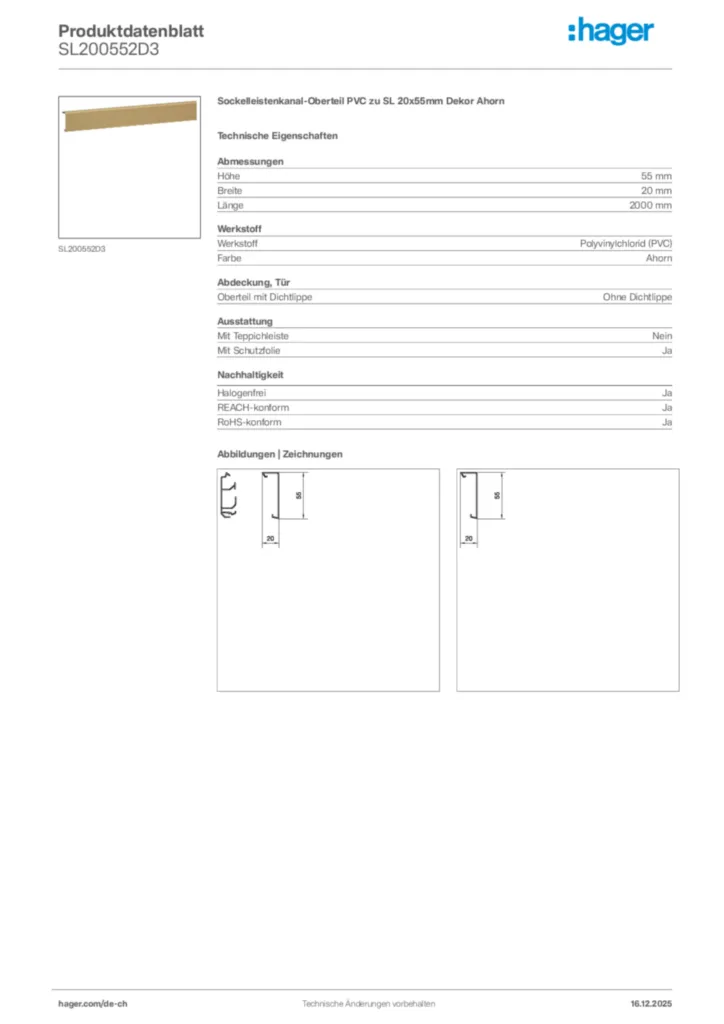 Bild Hager Produktdatenblatt SL200552D3 | Hager Schweiz