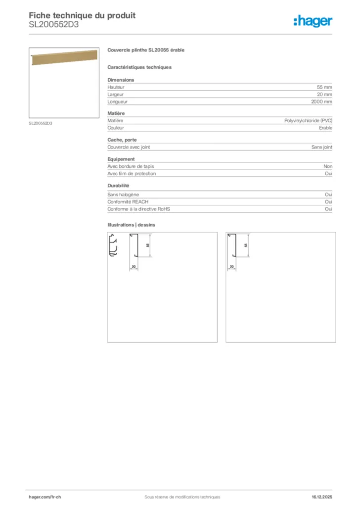 Image Hager Fiche technique du produit SL200552D3 | Hager Suisse