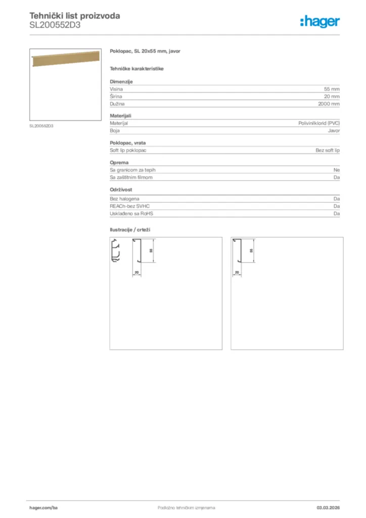 Slika Hager Tehnički list proizvoda SL200552D3  | Hager