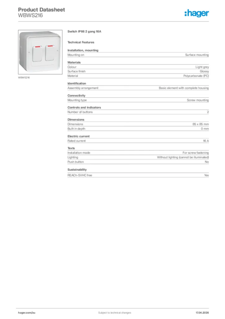 Image Hager Product data sheet WBWS216  | Hager Australia