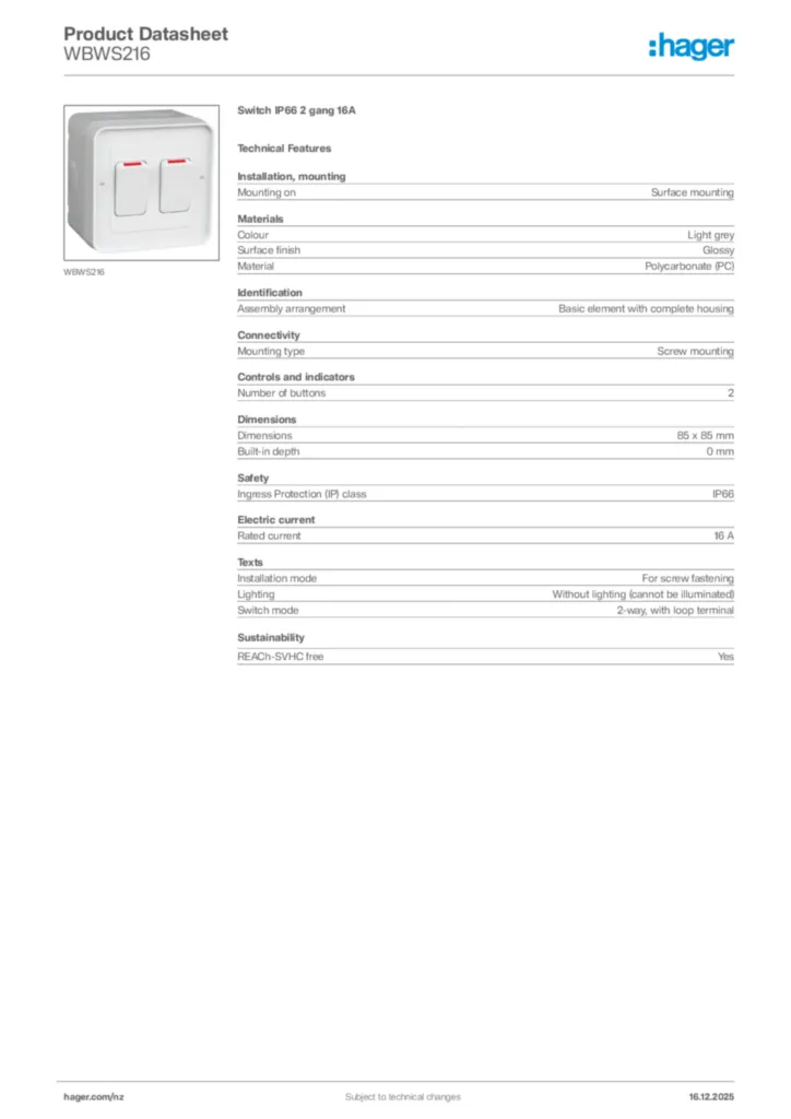 Image Hager Product data sheet WBWS216  | Hager New Zealand
