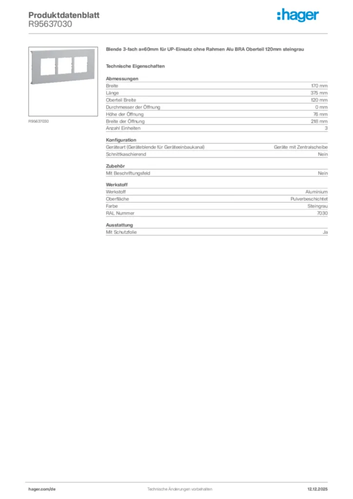 Bild Hager Produktdatenblatt R95637030 | Hager Deutschland
