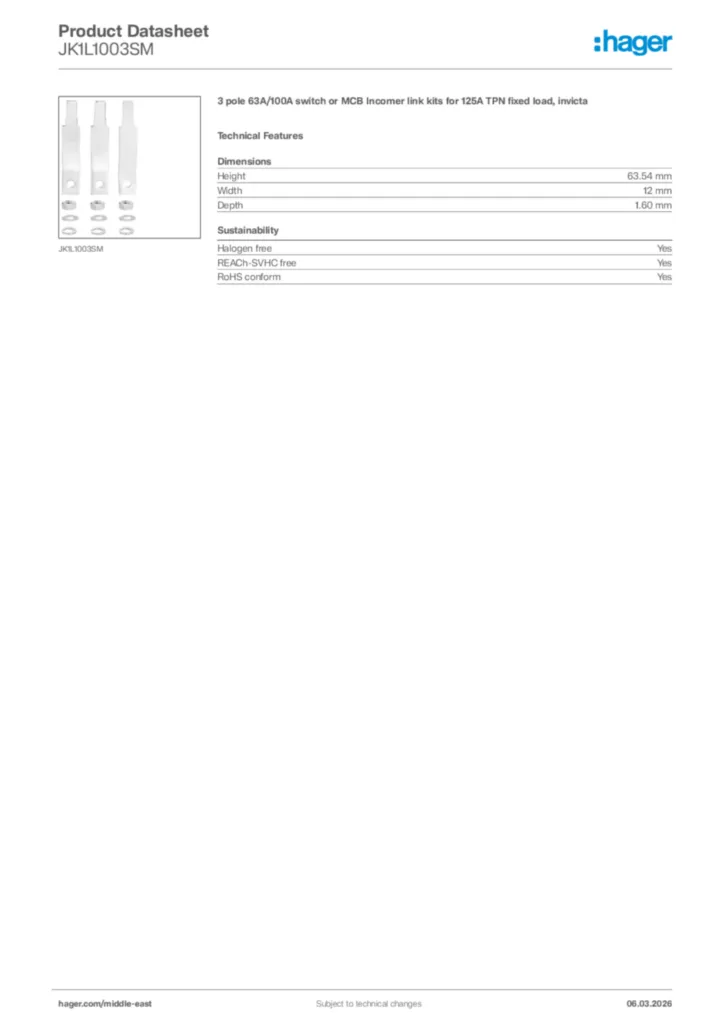 Image Hager Product data sheet JK1L1003SM  | Hager