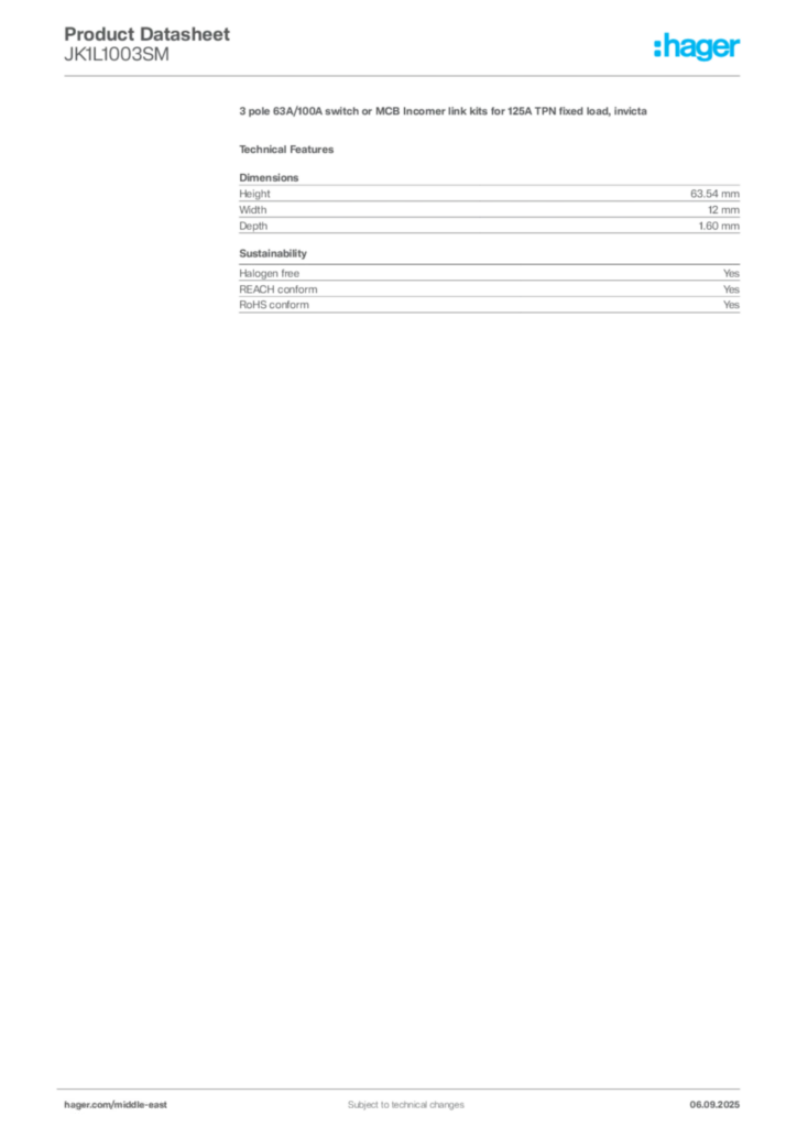Image Hager Product data sheet JK1L1003SM  | Hager