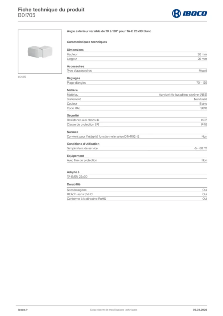 Image Iboco Fiche technique du produit B01705 | Hager France