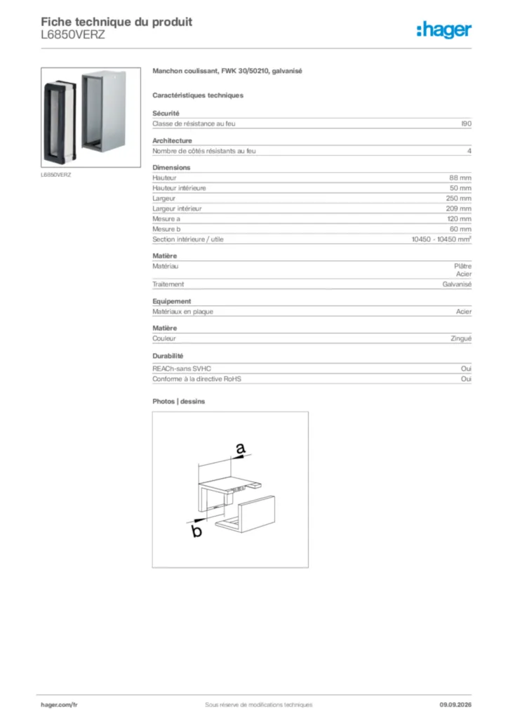 Image Hager Fiche technique du produit L6850VERZ | Hager France