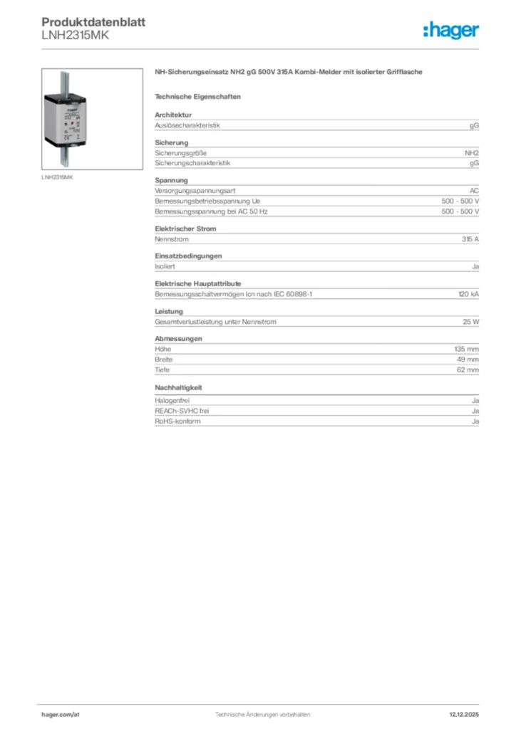 Bild Hager Produktdatenblatt LNH2315MK | Hager Deutschland