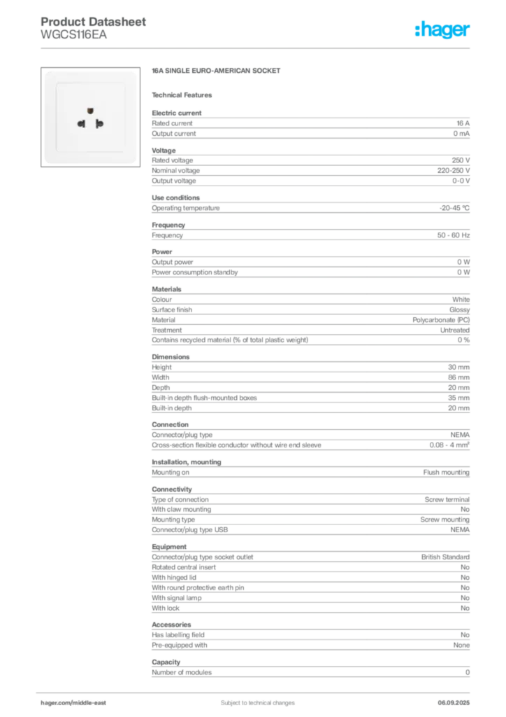 Image Hager Product data sheet WGCS116EA  | Hager
