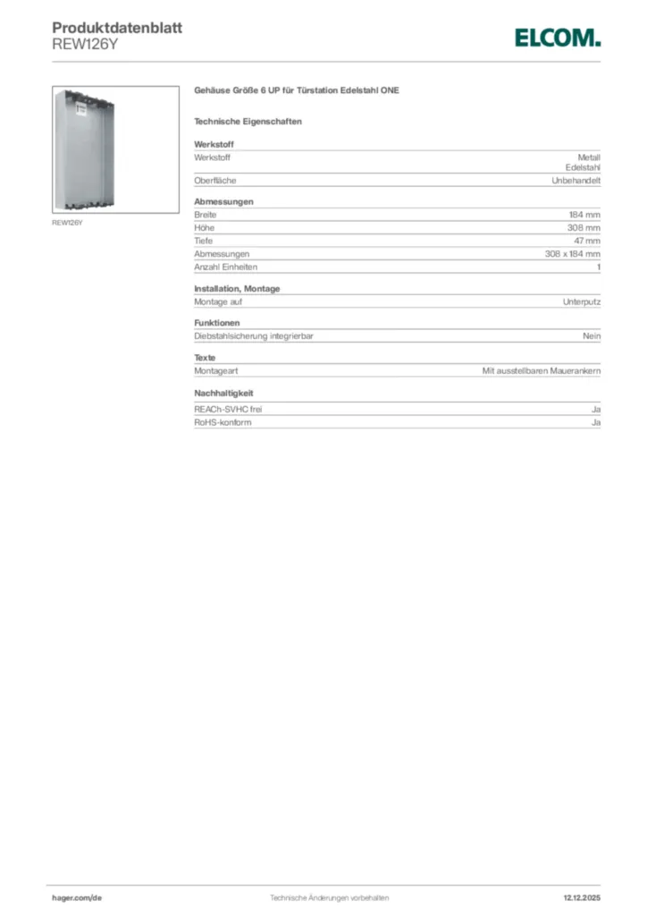 Elcom Produktdatenblatt REW126Y