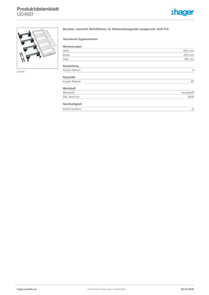 Bild Hager Produktdatenblatt UD41B1 | Hager Schweiz