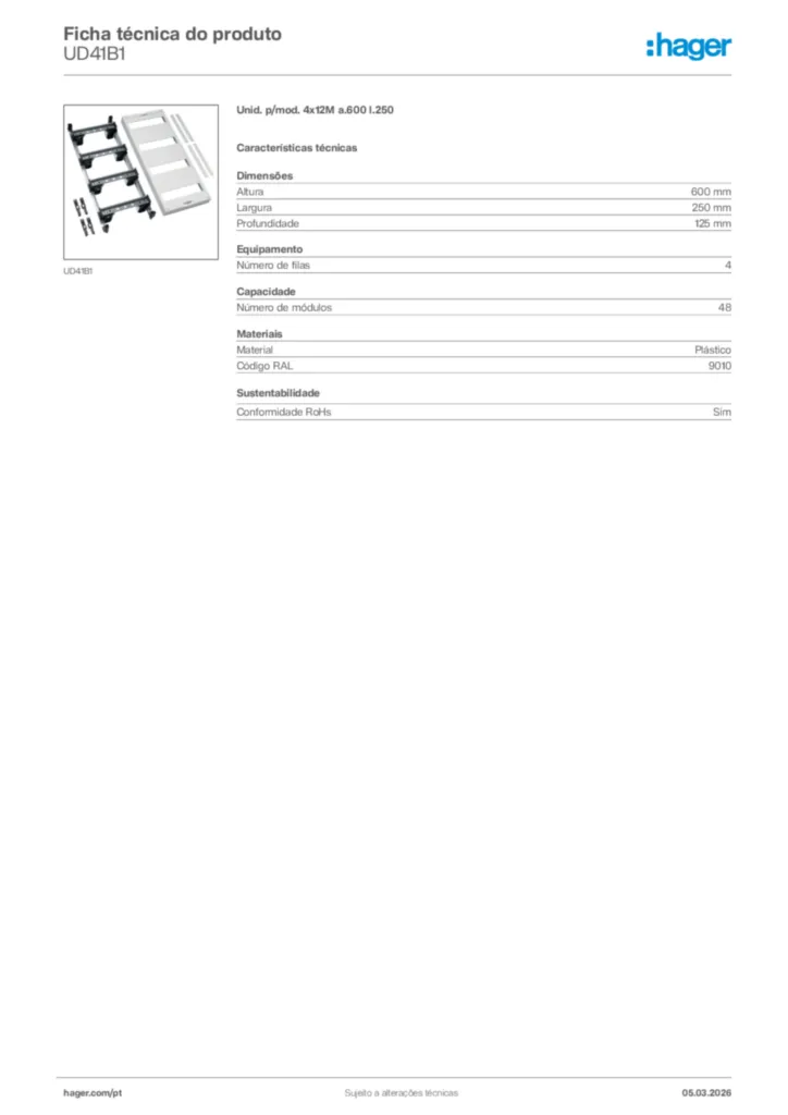 Imagem Hager Ficha técnica do produto UD41B1 | Hager Portugal