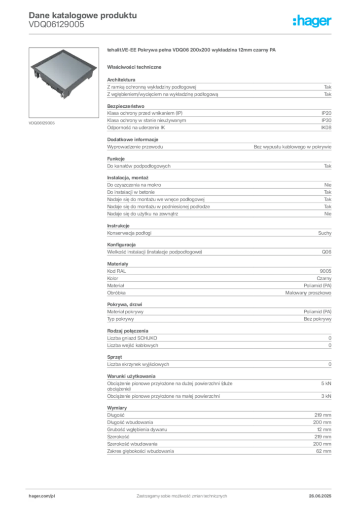 Zdjęcie Hager Karta katalogowa VDQ06129005 | Hager Polska