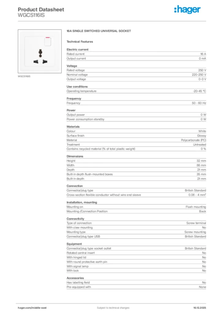 Image Hager Product data sheet WGCS116IS  | Hager