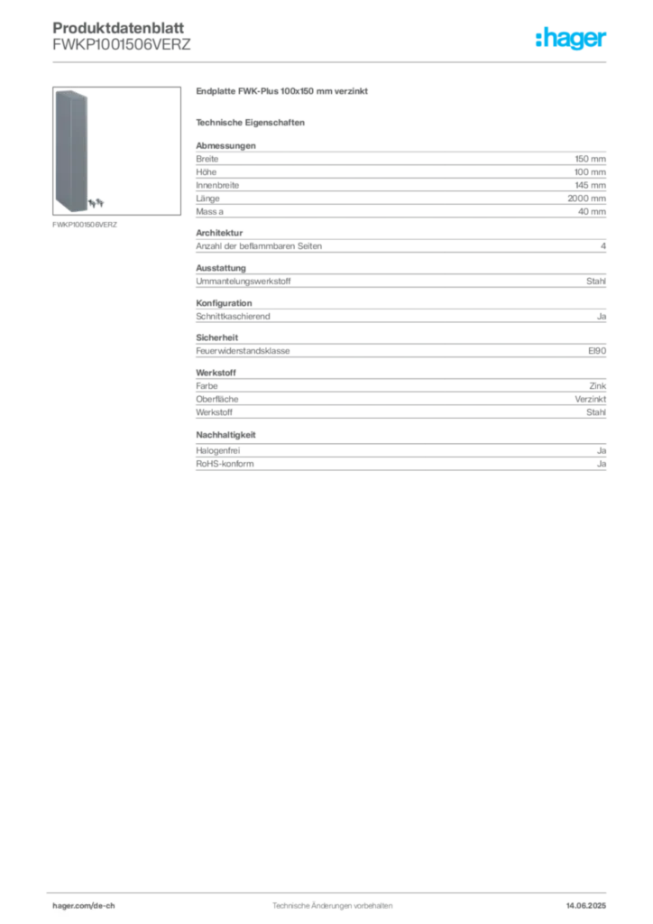 Bild Hager Produktdatenblatt FWKP1001506VERZ | Hager Schweiz