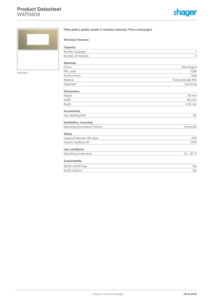 Image Hager Product data sheet WXP0404  | Hager Africa