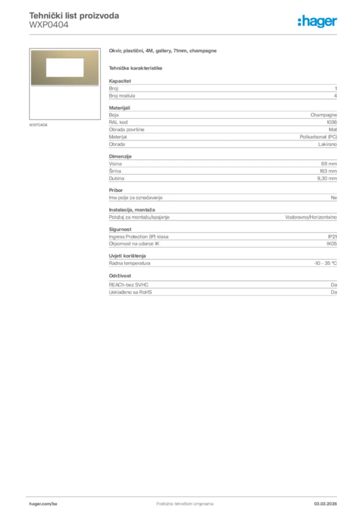 Slika Hager Tehnički list proizvoda WXP0404  | Hager