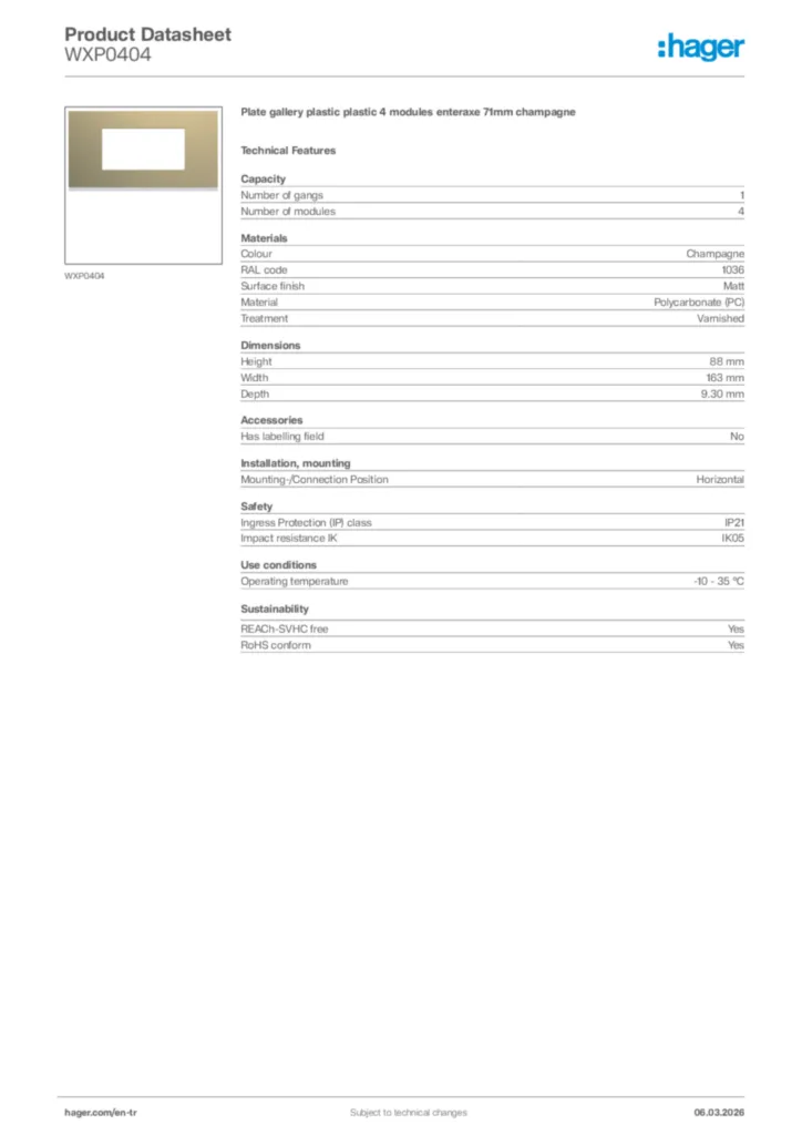 Image Hager Product data sheet WXP0404  | Hager