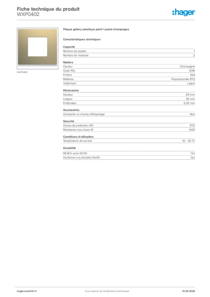 Image Hager Fiche technique du produit WXP0402 | Hager Afrique