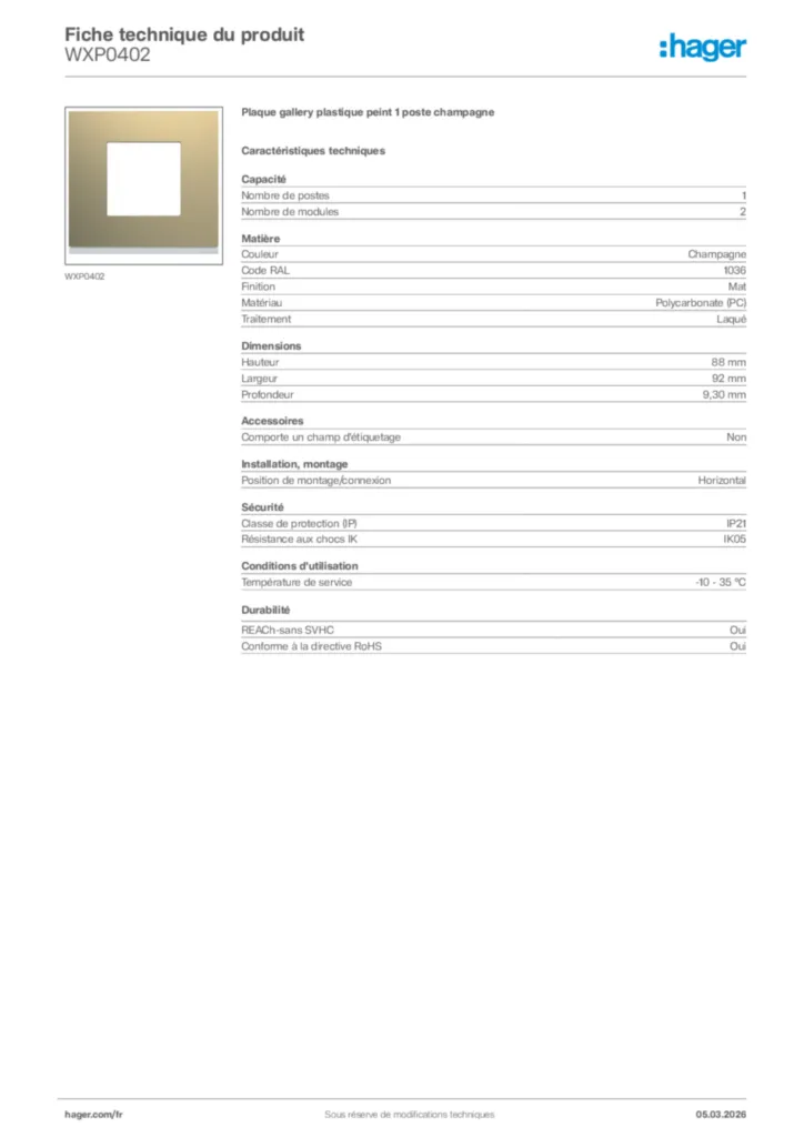 Image Hager Fiche technique du produit WXP0402 | Hager France