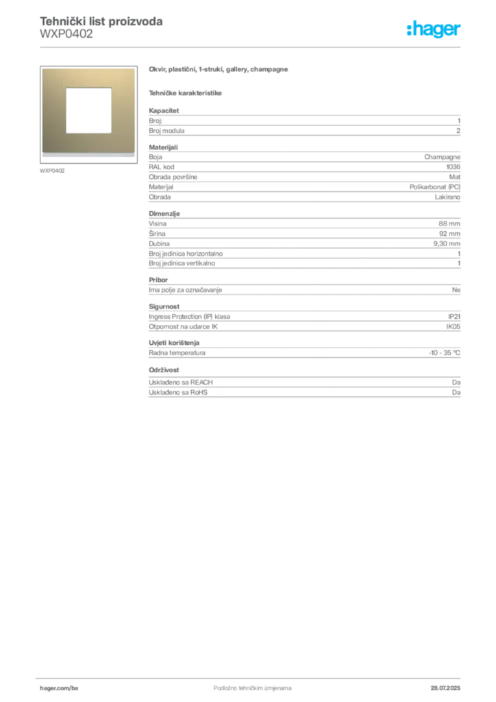 Slika Hager Product data sheet WXP0402  | Hager