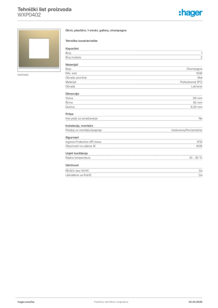 Slika Hager Tehnički list proizvoda WXP0402  | Hager
