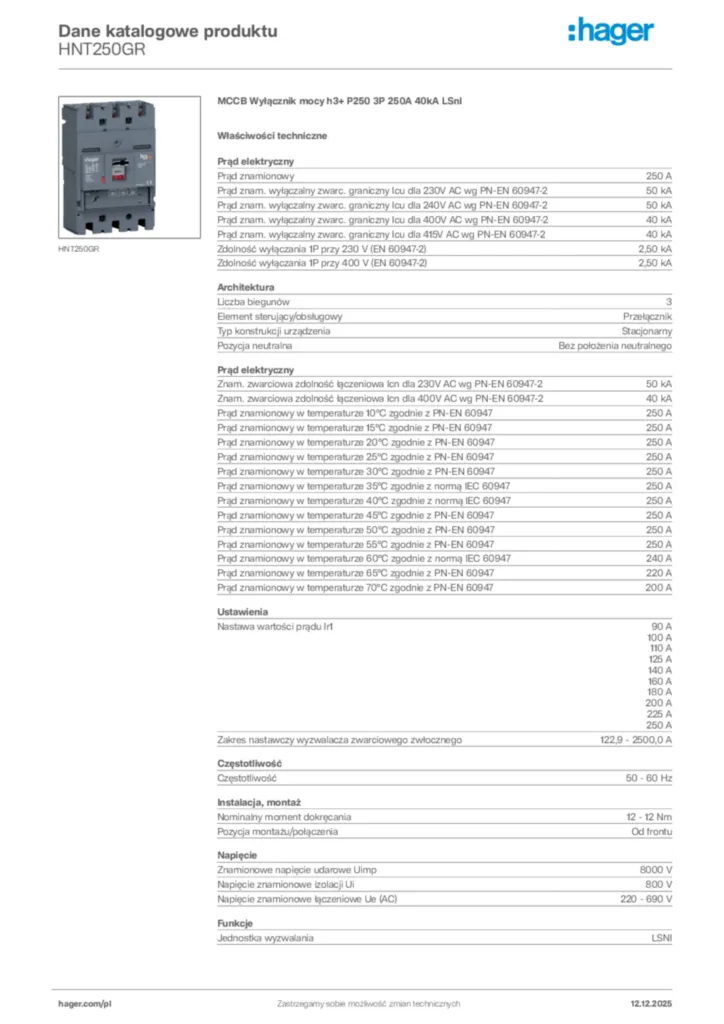 Zdjęcie Hager Karta katalogowa HNT250GR | Hager Polska