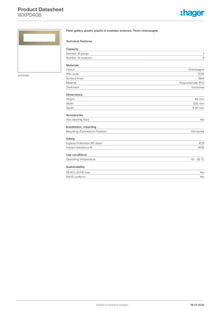 Image Hager Product data sheet WXP0408  | Hager Africa