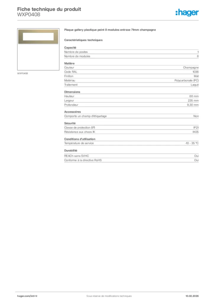 Image Hager Fiche technique du produit WXP0408 | Hager Afrique