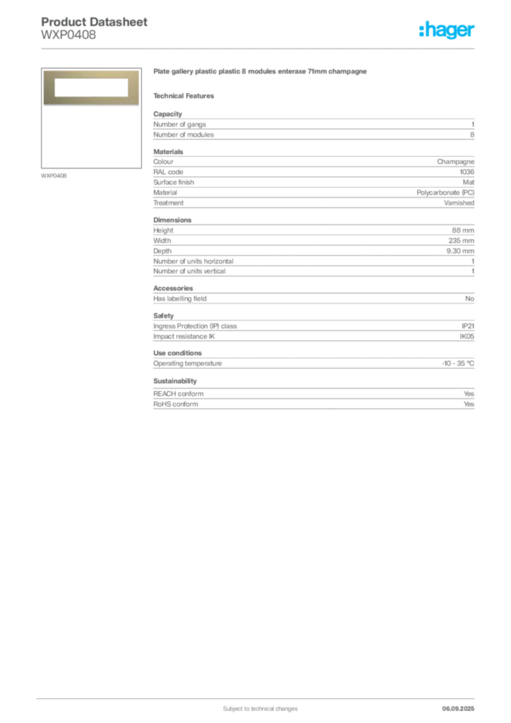 Image Hager Product data sheet WXP0408  | Hager