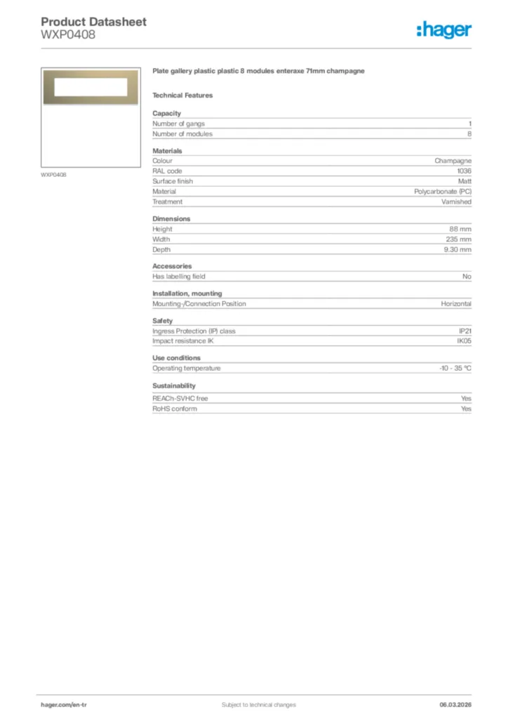 Image Hager Product data sheet WXP0408  | Hager