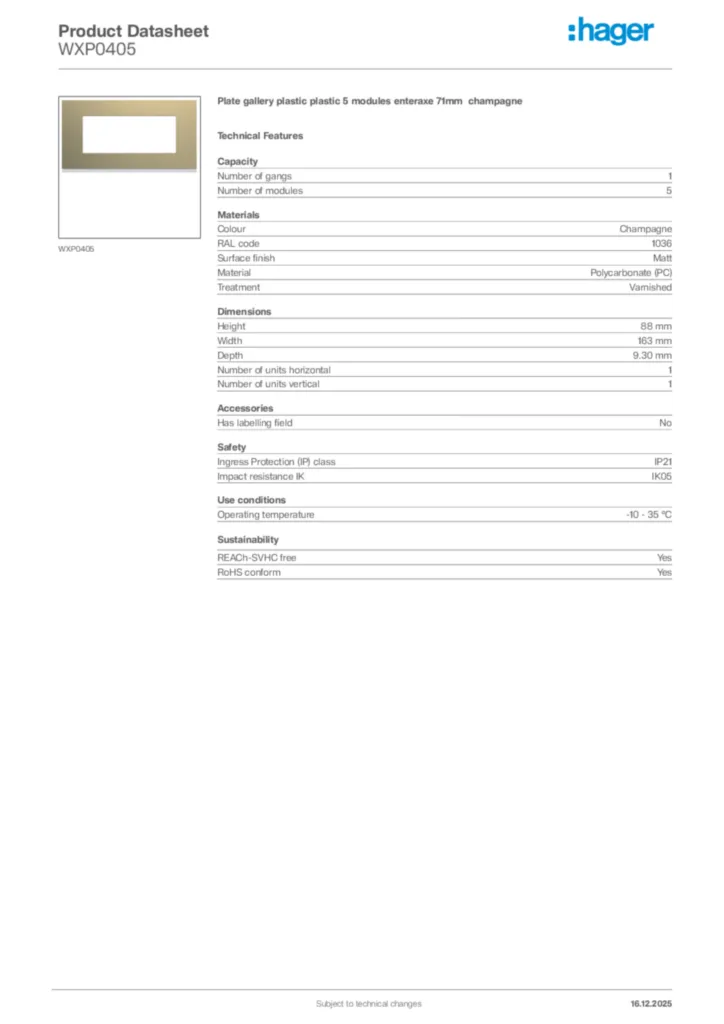 Image Hager Product data sheet WXP0405  | Hager Africa