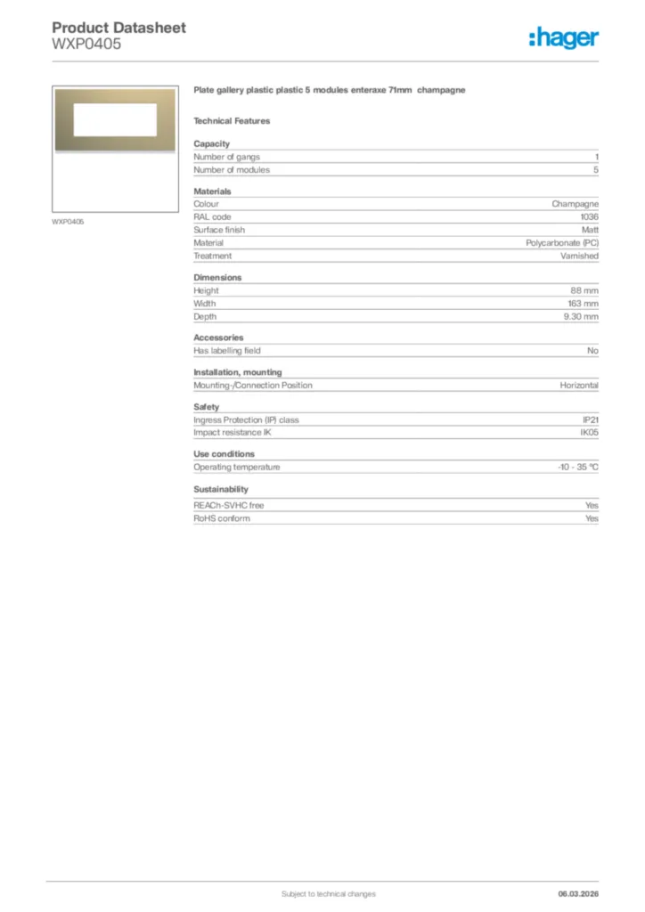 Image Hager Product data sheet WXP0405  | Hager Africa