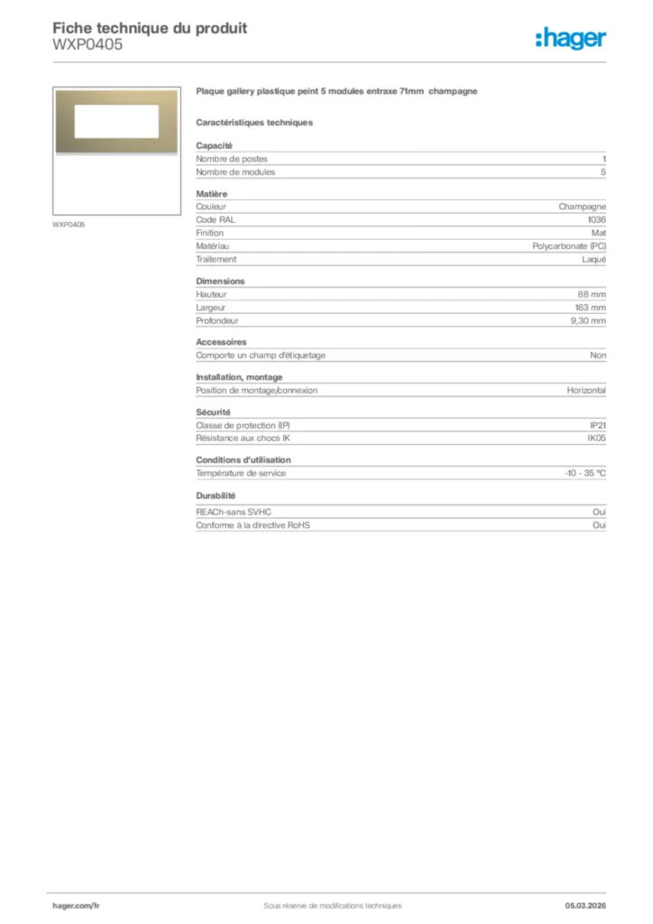 Image Hager Fiche technique du produit WXP0405 | Hager France