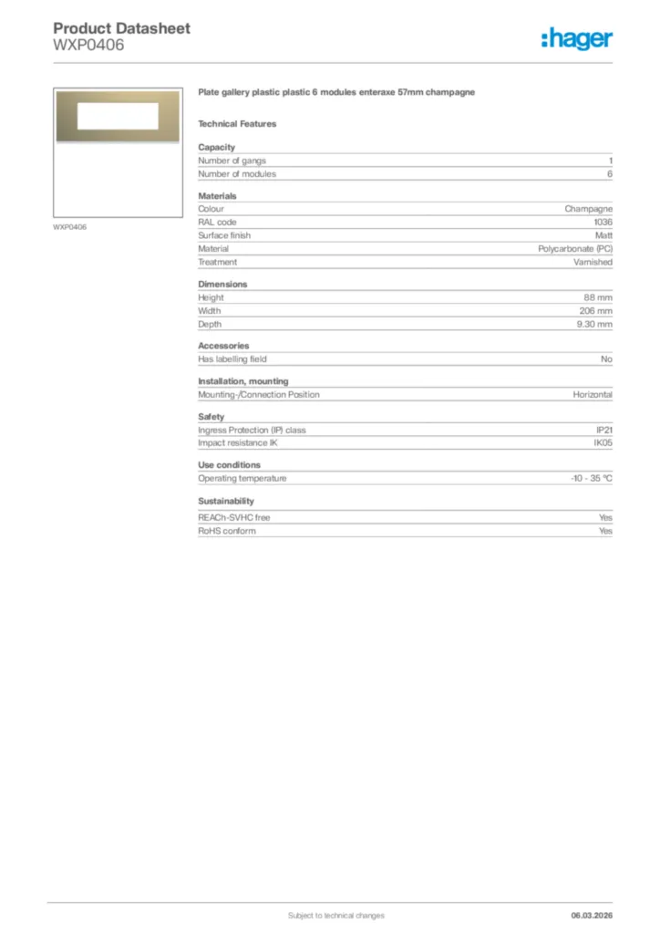 Image Hager Product data sheet WXP0406  | Hager Africa