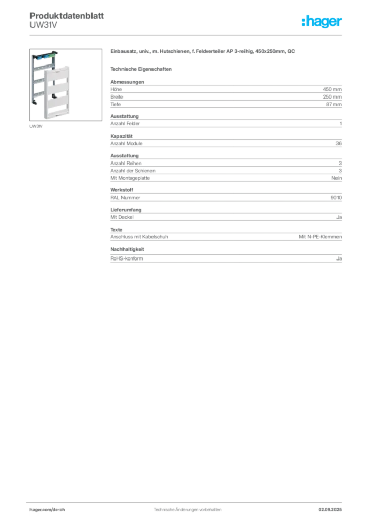 Bild Hager Produktdatenblatt UW31V | Hager Schweiz