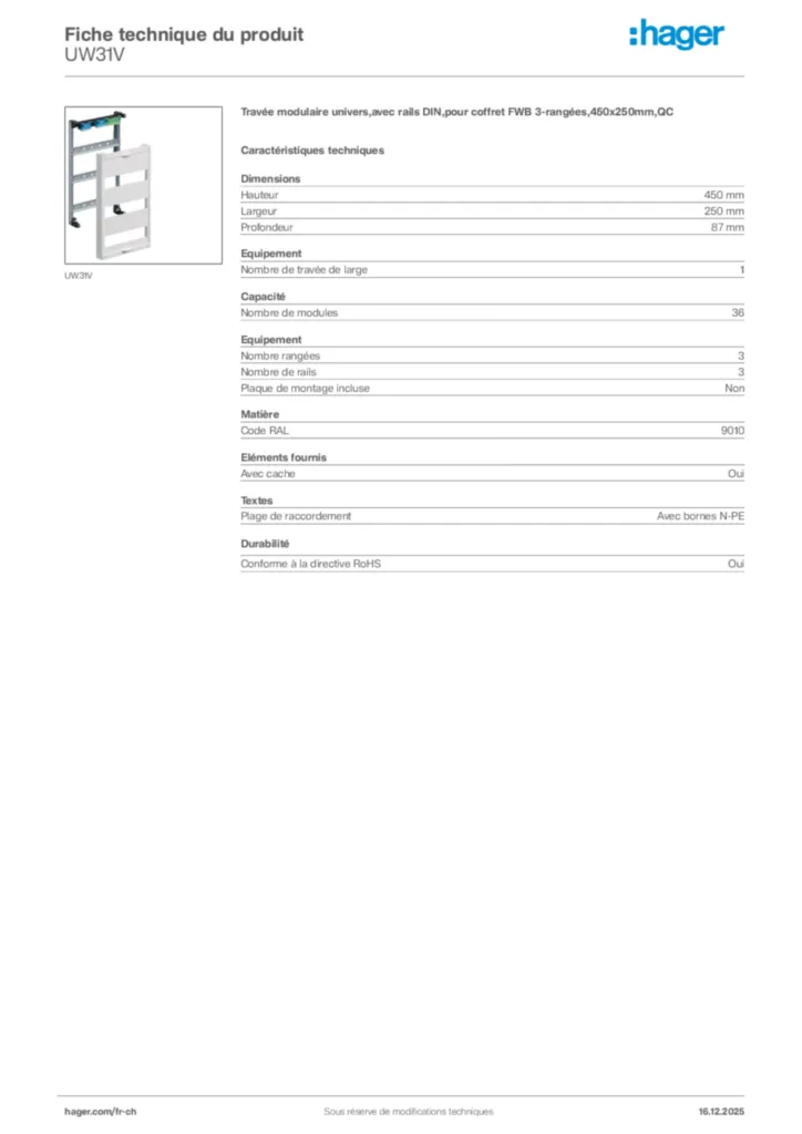 Image Hager Fiche technique du produit UW31V | Hager Suisse