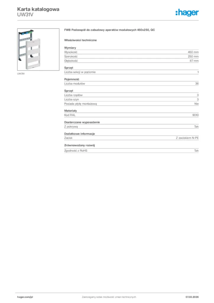 Zdjęcie Hager Karta katalogowa UW31V | Hager Polska