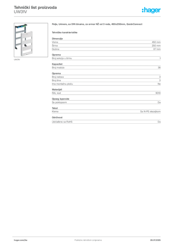 Slika Hager Product data sheet UW31V  | Hager