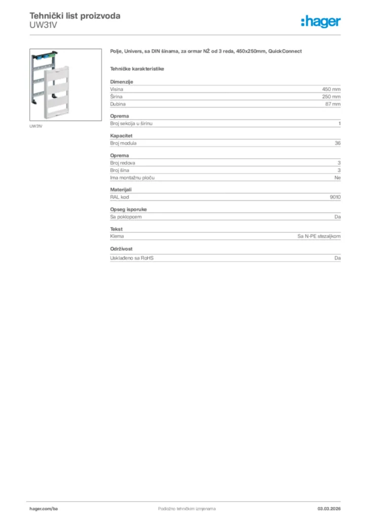 Slika Hager Tehnički list proizvoda UW31V  | Hager