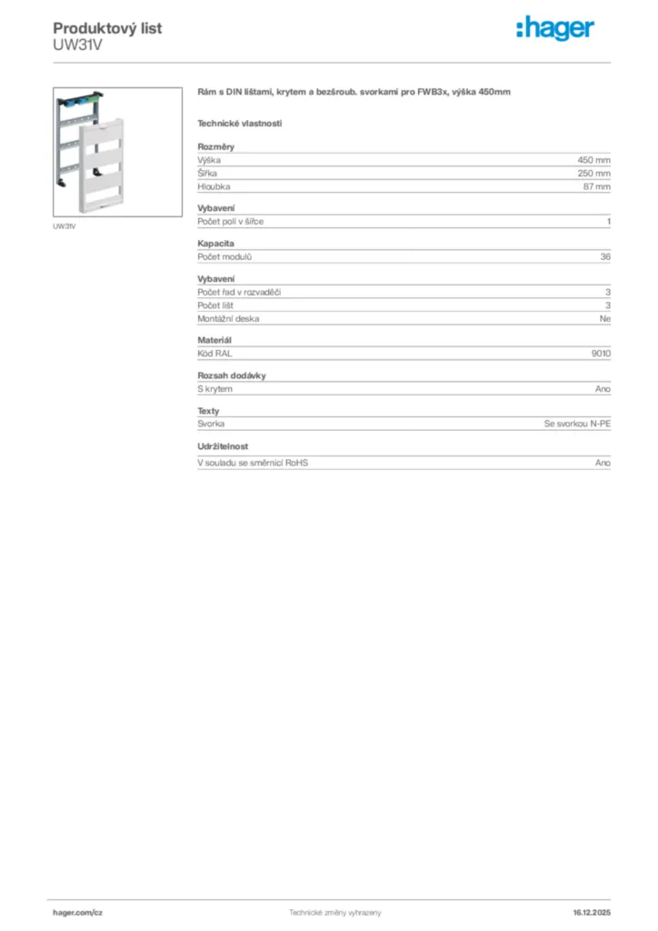 Obrázek Hager Produktový list UW31V | Hager