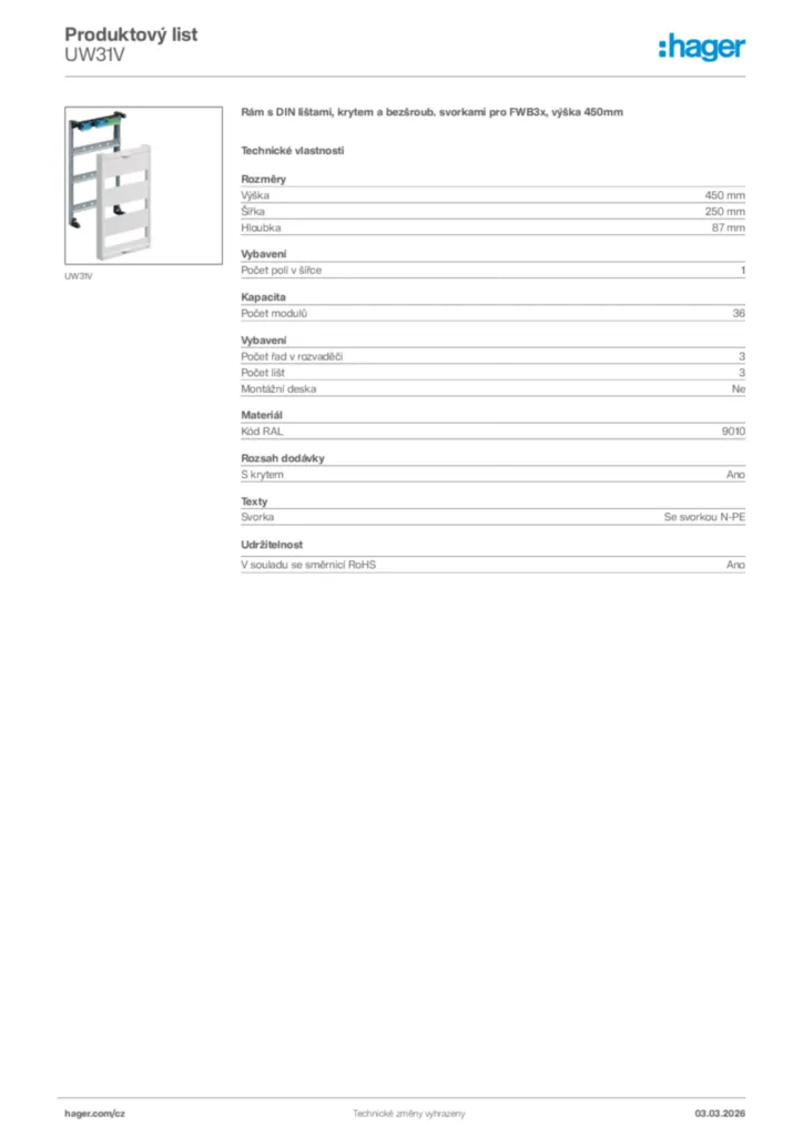 Obrázek Hager Product data sheet UW31V | Hager