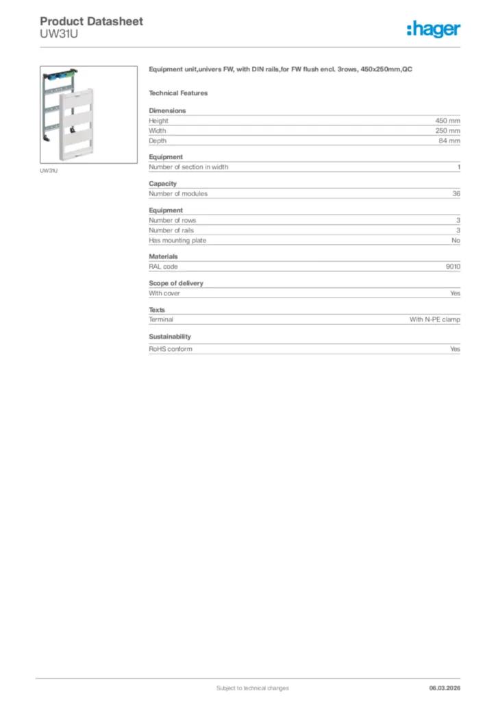 Image Hager Product data sheet UW31U  | Hager Africa