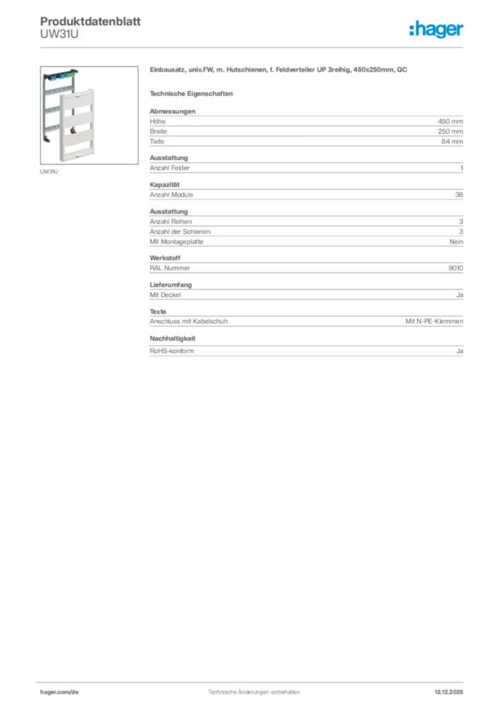Hager Produktdatenblatt UW31U