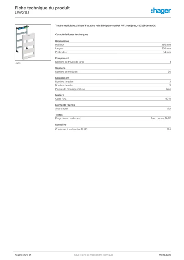 Image Hager Fiche technique du produit UW31U | Hager Suisse