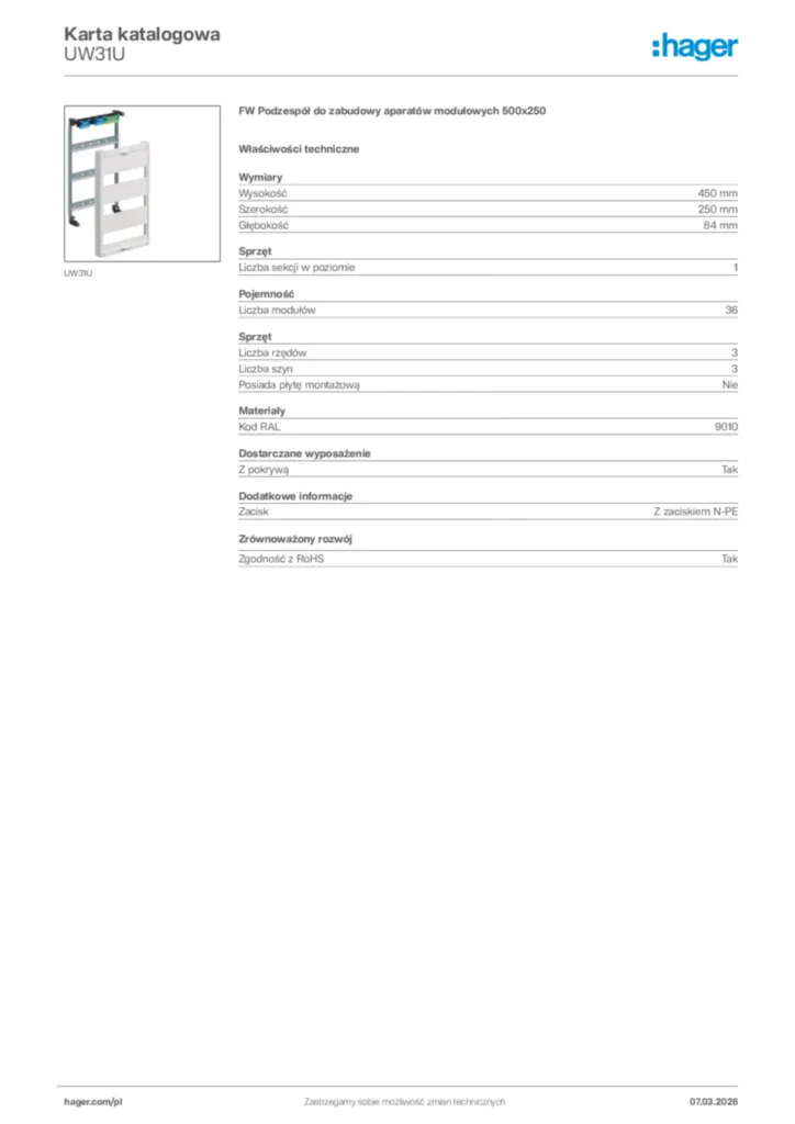 Zdjęcie Hager Karta katalogowa UW31U | Hager Polska
